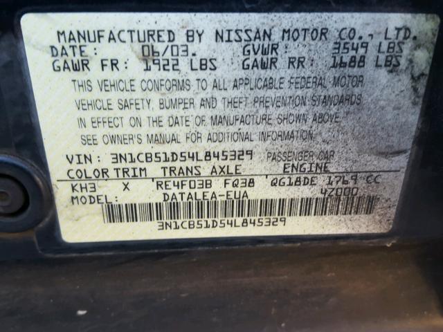 3N1CB51D54L845329 - 2004 NISSAN SENTRA 1.8 BLACK photo 10