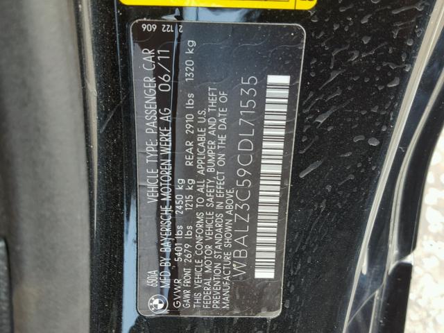 WBALZ3C59CDL71535 - 2012 BMW 650 I BLACK photo 10