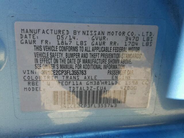 3N1CE2CP3FL355763 - 2015 NISSAN VERSA NOTE BLUE photo 10