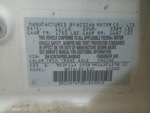 3N1CN7AP0EL845043 - 2014 NISSAN VERSA S SILVER photo 10