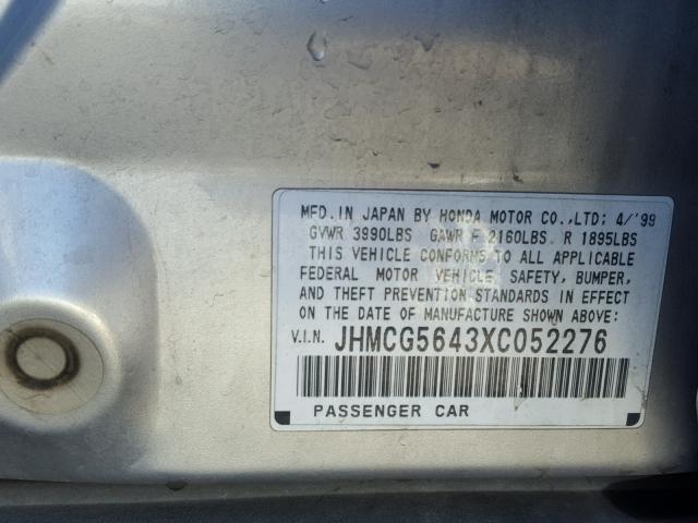 JHMCG5643XC052276 - 1999 HONDA ACCORD LX SILVER photo 10