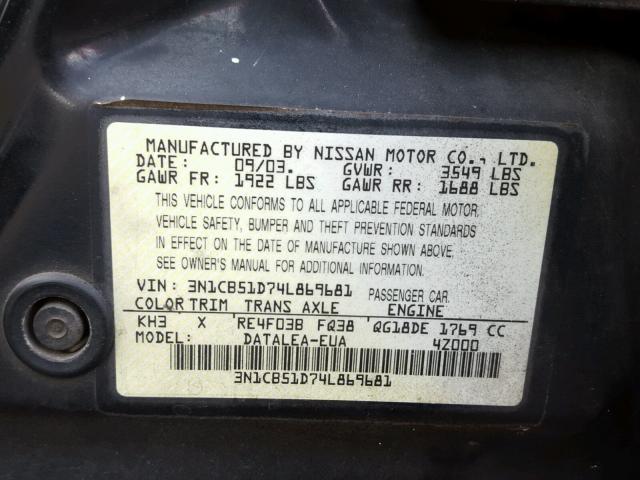 3N1CB51D74L869681 - 2004 NISSAN SENTRA 1.8 BLACK photo 10