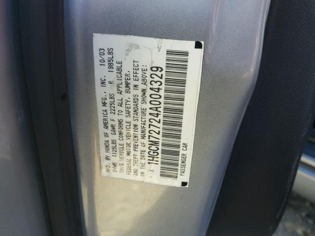 1HGCM72724A004329 - 2004 HONDA ACCORD EX SILVER photo 10