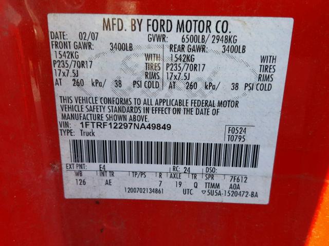 1FTRF12297NA49849 - 2007 FORD F150 RED photo 10