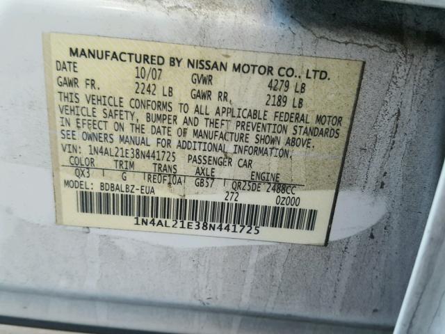 1N4AL21E38N441725 - 2008 NISSAN ALTIMA 2.5 WHITE photo 10