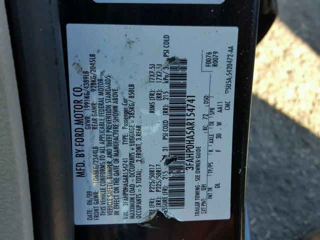 3FAHP0HA5AR154741 - 2010 FORD FUSION SE BLACK photo 10