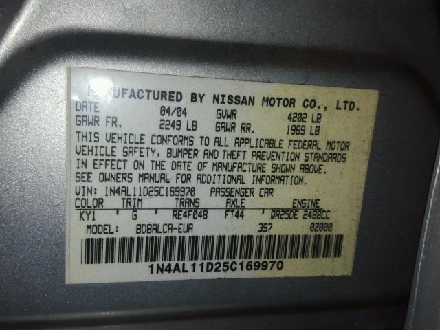 1N4AL11D25C169970 - 2005 NISSAN ALTIMA S SILVER photo 10