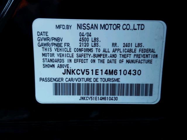 JNKCV51E14M610430 - 2004 INFINITI G35 BLACK photo 10