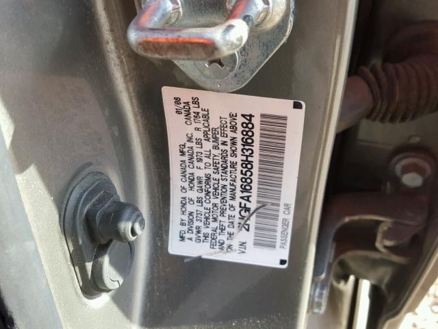 2HGFA16858H316884 - 2008 HONDA CIVIC EX GRAY photo 10