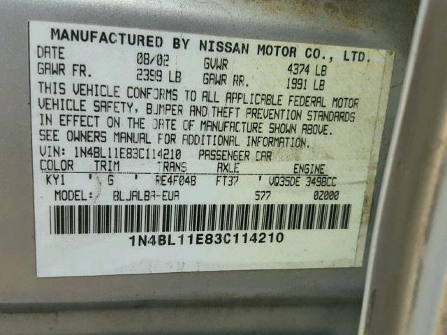 1N4BL11E83C114210 - 2003 NISSAN ALTIMA SE SILVER photo 10