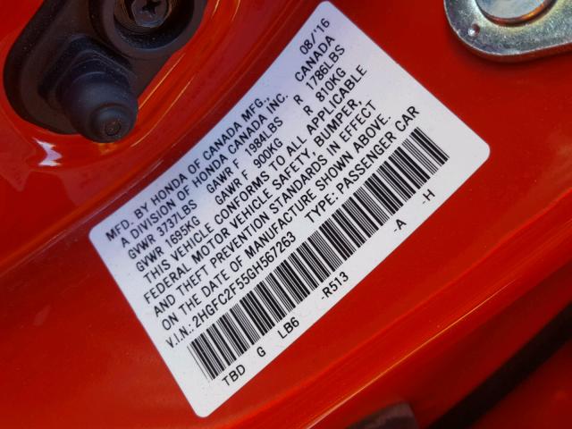 2HGFC2F55GH567263 - 2016 HONDA CIVIC LX RED photo 10