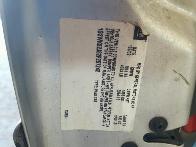 1G2WK52J82F257242 - 2002 PONTIAC GRAND PRIX ვერცხლისფერი ფოტო 10