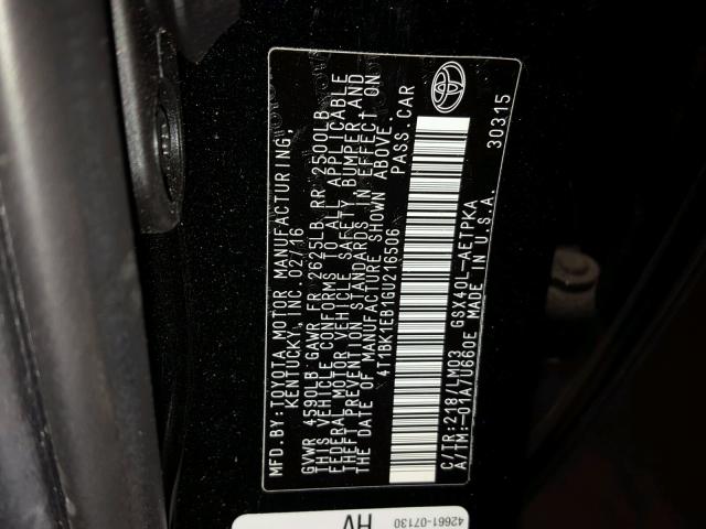 4T1BK1EB1GU216506 - 2016 TOYOTA AVALON XLE BLACK photo 10