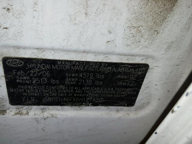 5NPEU46FX6H127430 - 2006 HYUNDAI SONATA GLS WHITE photo 10