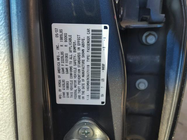 1HGCM567X7A171119 - 2007 HONDA ACCORD EX GRAY photo 10