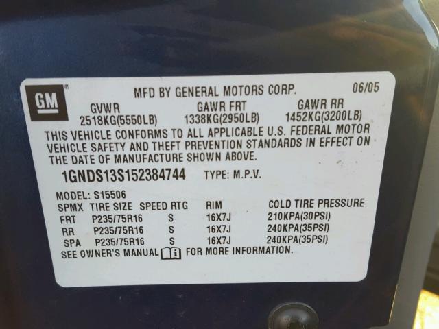 1GNDS13S152384744 - 2005 CHEVROLET TRAILBLAZE BLUE photo 10