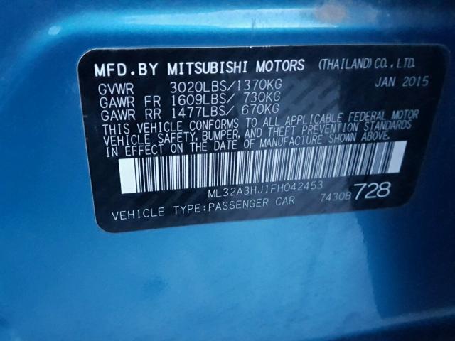 ML32A3HJ1FH042453 - 2015 MITSUBISHI MIRAGE DE BLUE photo 10