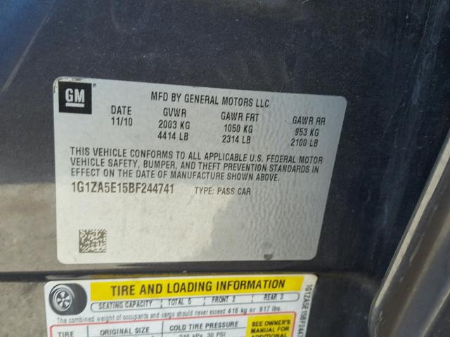 1G1ZA5E15BF244741 - 2011 CHEVROLET MALIBU LS ნაცრისფერი ფოტო 10