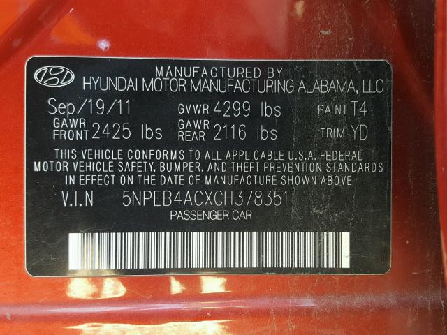 5NPEB4ACXCH378351 - 2012 HYUNDAI SONATA GLS MAROON photo 10