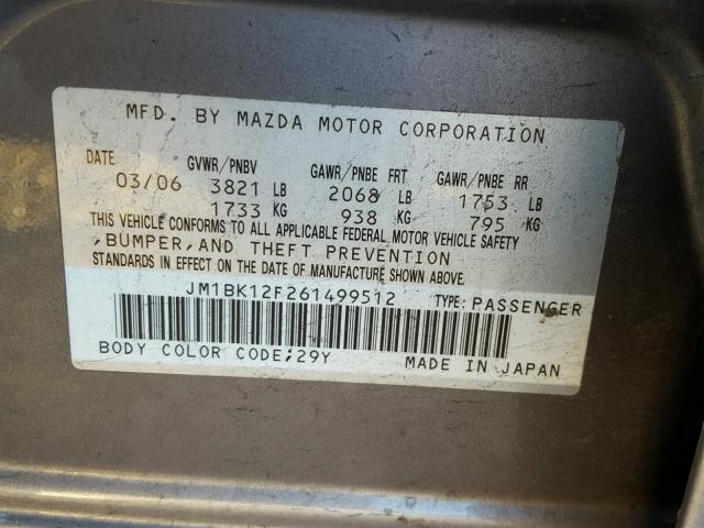 JM1BK12F261499512 - 2006 MAZDA 3 I GRAY photo 10