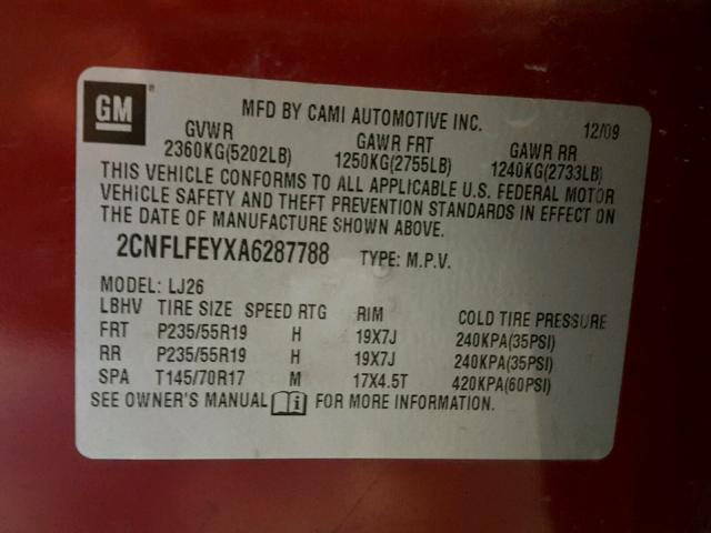 2CNFLFEYXA6287788 - 2010 CHEVROLET EQUINOX LT RED photo 10