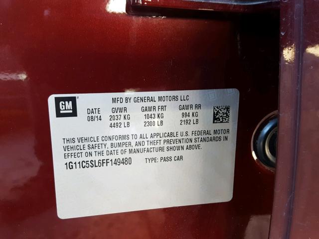 1G11C5SL6FF149480 - 2015 CHEVROLET MALIBU 1LT MAROON photo 10