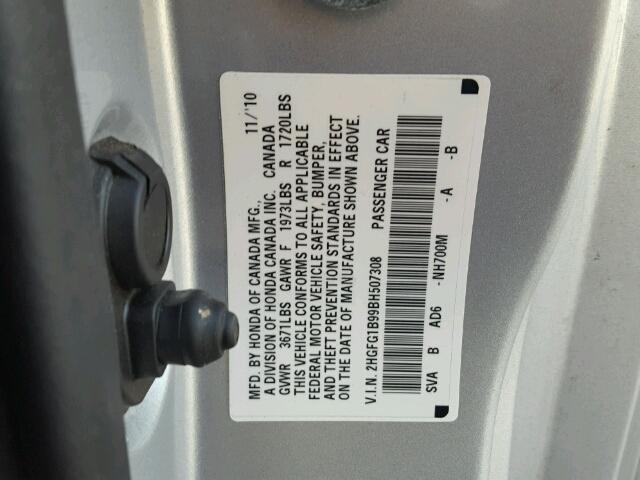 2HGFG1B99BH507308 - 2011 HONDA CIVIC EXL Plata foto 10