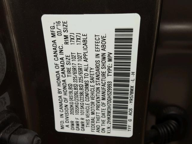 2HKRM3H70GH529993 - 2016 HONDA CR-V EXL CHARCOAL photo 10