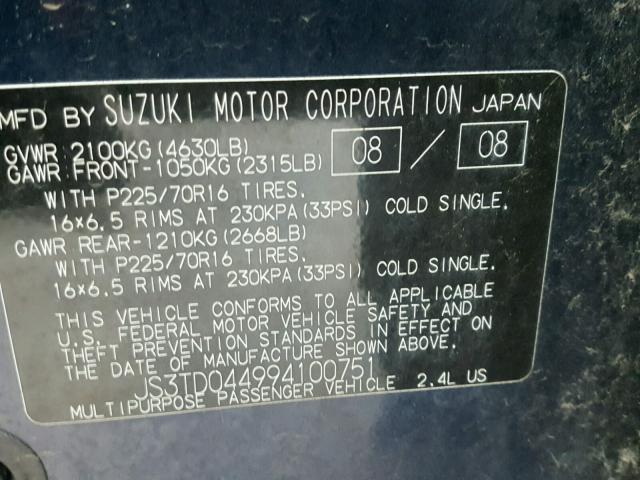 JS3TD044994100751 - 2009 SUZUKI GRAND VITA BLUE photo 10