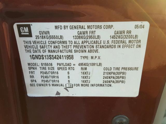 1GNDS13S542411958 - 2004 CHEVROLET TRAILBLAZE MAROON photo 10