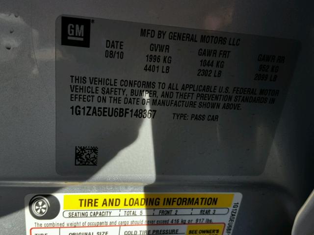 1G1ZA5EU6BF148367 - 2011 CHEVROLET MALIBU LS ვერცხლისფერი ფოტო 10