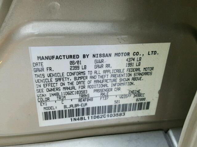 1N4BL11D62C103583 - 2002 NISSAN ALTIMA SE GOLD photo 10