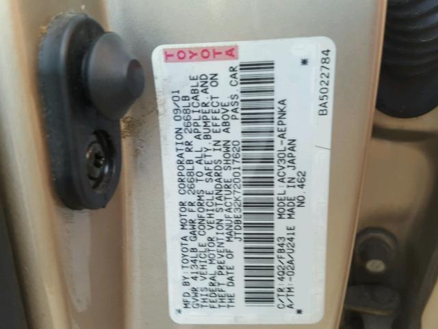 JTDBE32K720017620 - 2002 TOYOTA CAMRY LE ოქროსფერი ფოტო 10