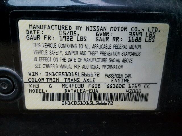 3N1CB51D15L566672 - 2005 NISSAN SENTRA 1.8 BLACK photo 10