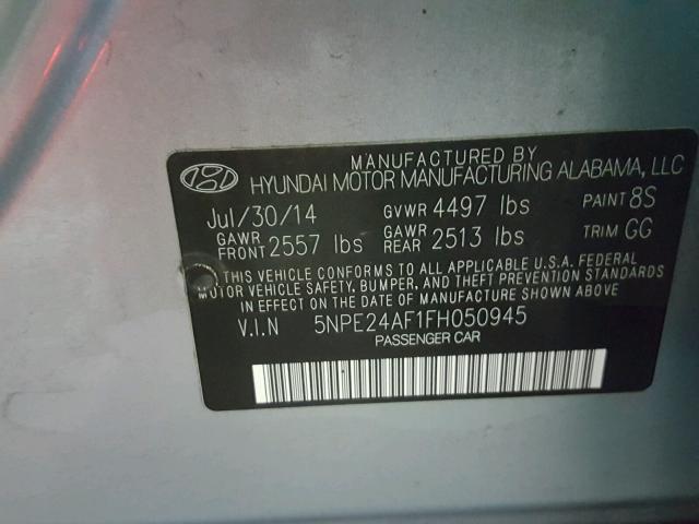 5NPE24AF1FH050945 - 2015 HYUNDAI SONATA SE SILVER photo 10