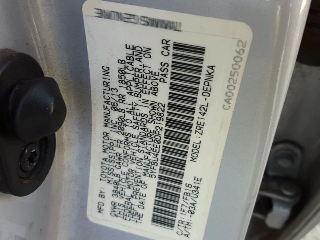 5YFBU4EE0DP219822 - 2013 TOYOTA COROLLA BA SILVER photo 10