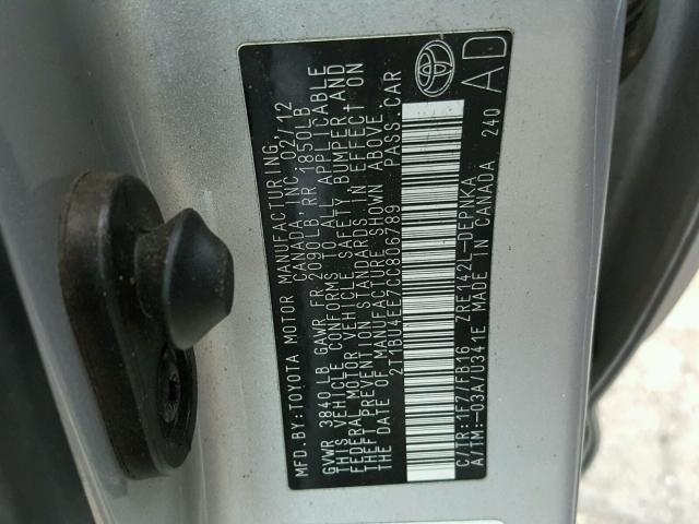 2T1BU4EE7CC806789 - 2012 TOYOTA COROLLA BA SILVER photo 10