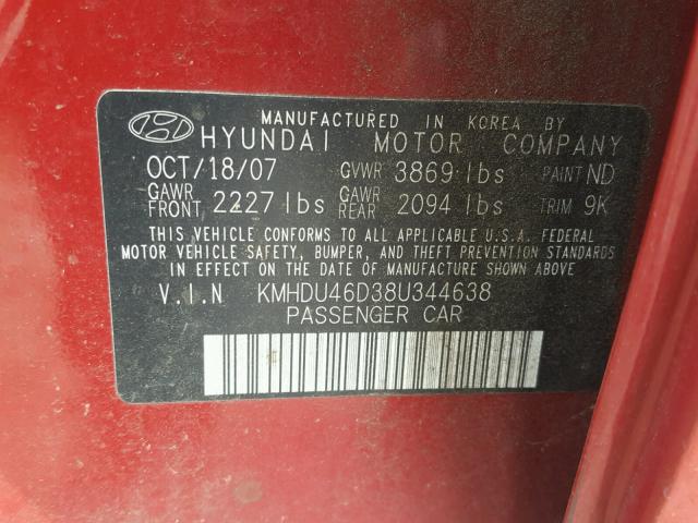 KMHDU46D38U344638 - 2008 HYUNDAI ELANTRA GL RED photo 10