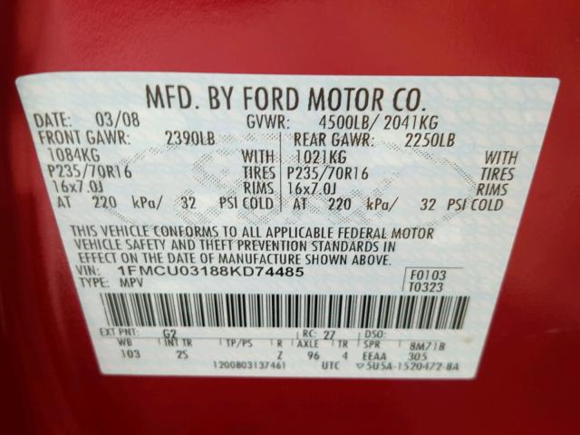 1FMCU03188KD74485 - 2008 FORD ESCAPE XLT RED photo 10