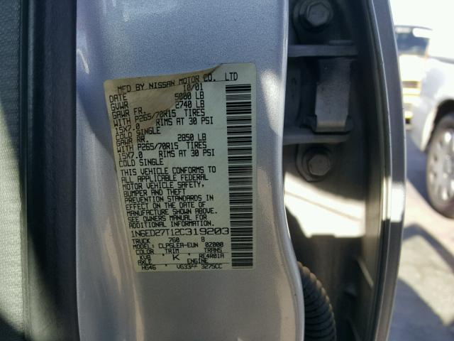 1N6ED27T12C319203 - 2002 NISSAN FRONTIER C SILVER photo 10