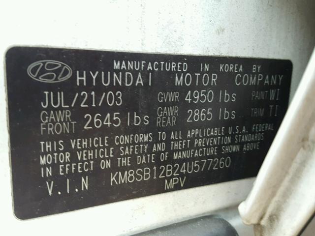 KM8SB12B24U577260 - 2004 HYUNDAI SANTA FE G WHITE photo 10