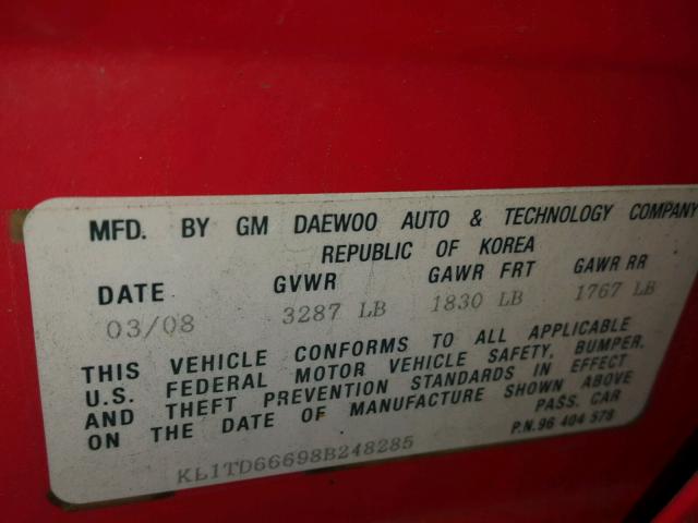 KL1TD66698B248285 - 2008 CHEVROLET AVEO BASE RED photo 10