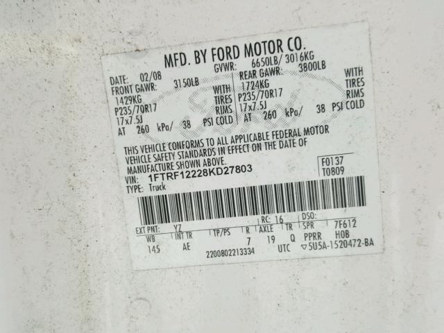 1FTRF12228KD27803 - 2008 FORD F150 WHITE photo 10