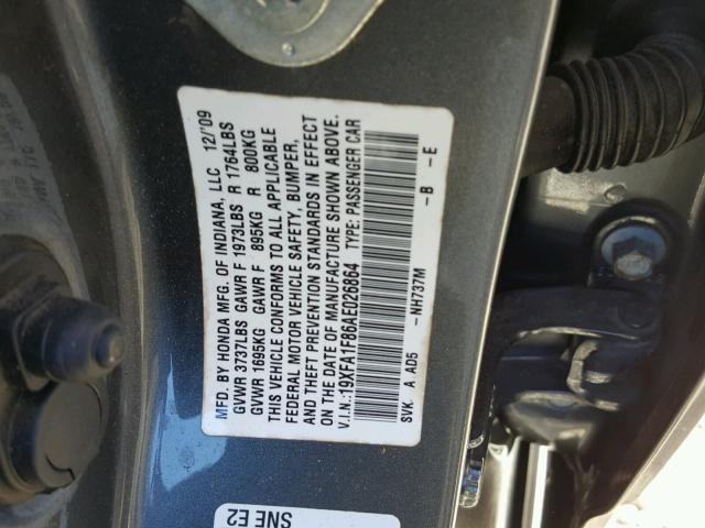 19XFA1F86AE026864 - 2010 HONDA CIVIC EX GRAY photo 10