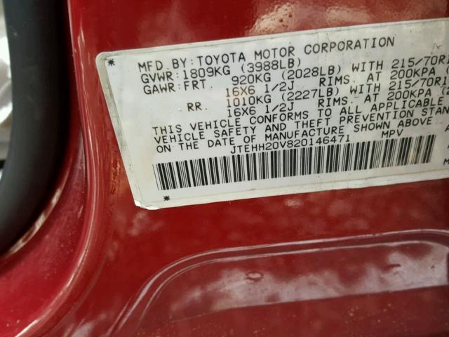 JTEHH20V820146471 - 2002 TOYOTA RAV4 BURGUNDY photo 10