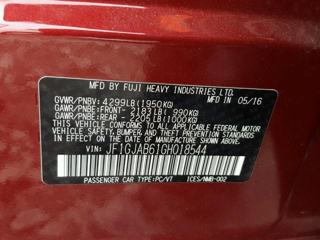 JF1GJAB61GH018544 - 2016 SUBARU IMPREZA PR RED photo 10