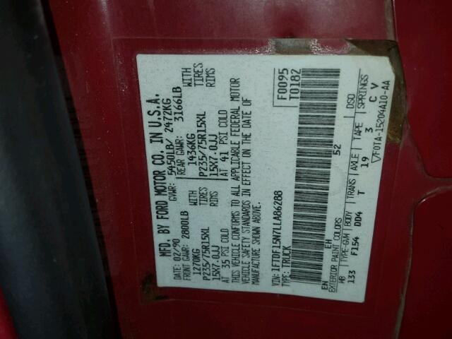 1FTDF15N7LLA86288 - 1990 FORD F150 Rouge photo 10