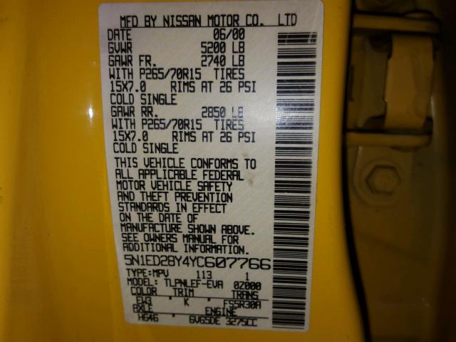 5N1ED28Y4YC607766 - 2000 NISSAN XTERRA XE YELLOW photo 10