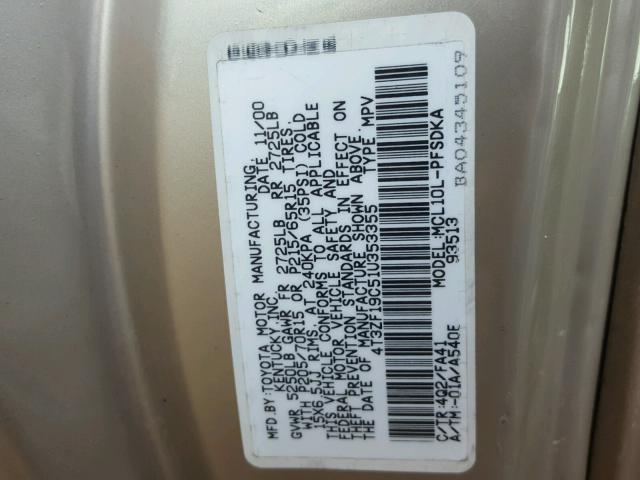 4T3ZF19C51U353355 - 2001 TOYOTA SIENNA CE GOLD photo 10