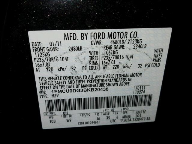 1FMCU9DG3BKB20438 - 2011 FORD ESCAPE XLT BLACK photo 10